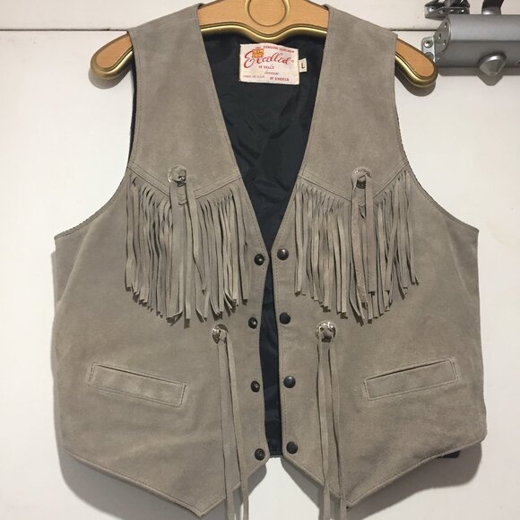 VINTAGE EXCELLED WESTERN SUEDE LEATHER FRINGE VESTS SIZE L - Picture 1 of 9